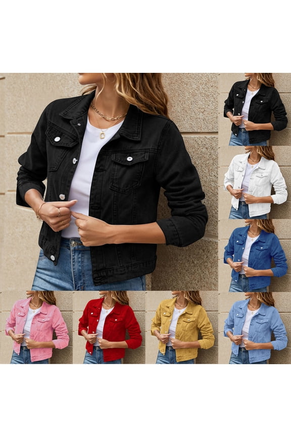 Womens Cropped Jean Jacket Boyfriend Washed Crop Long Sleeve Button Down Denim Jacket Fall Coat Blue L