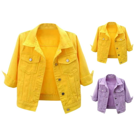 TrendOFT Womens Denim Jacket 3/4 Sleeve Colored Cropped Jean Jacket Color Wash Short Trucker Coat Purple L