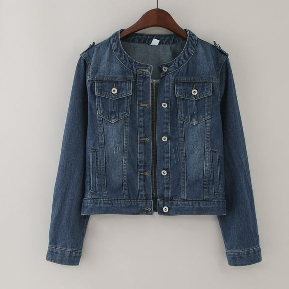 TrendOFT Womens Denim Jackets Distressed Ripped Long Sleeve Jean Jacket Fall Coats Blue L