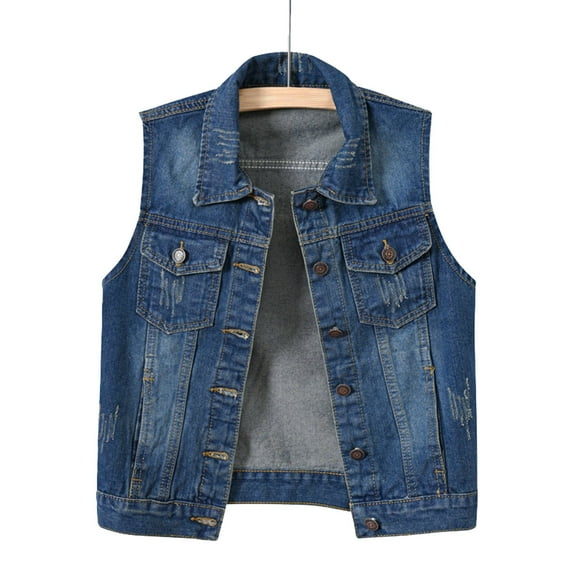 TrendOFT Womens Denim Vest Casual Waistcoat Frayed Sleeveless Ripped Jacket Vest with Pockets Blue XL
