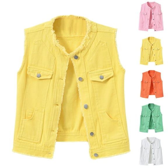 TrendOFT Womens Denim Vest Sleeveless Jean Jacket Trendy Denim Jacket Comfy Fit Frayed Vest Tops Pink S