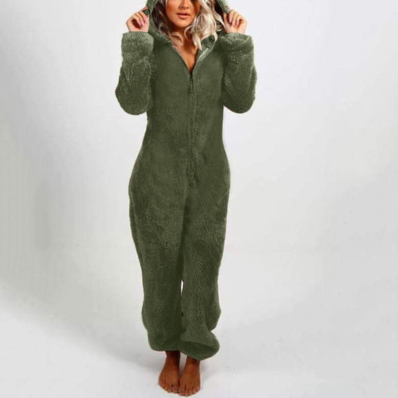 TrendOFT Womens Onesies Pajamas Jumpsuit Warm Sherpa Romper Sleepwear One Piece Zipper Hooded Playsuit Loungewear Army Green XXXL