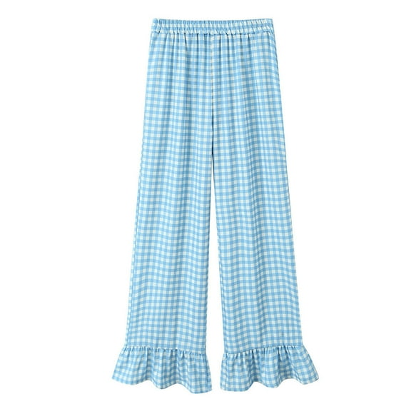 TrendOFT Womens Gingham Pants Cute Wide Leg Lounge Pants Y2k Plaid Ruffle Hem Elastic High Waist Baggy Trouser Light Blue S