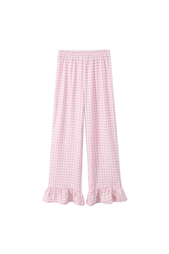 Womens Gingham Pants Cute Wide Leg Lounge Pants Y2k Plaid Ruffle Hem Elastic High Waist Baggy Trouser Pink S