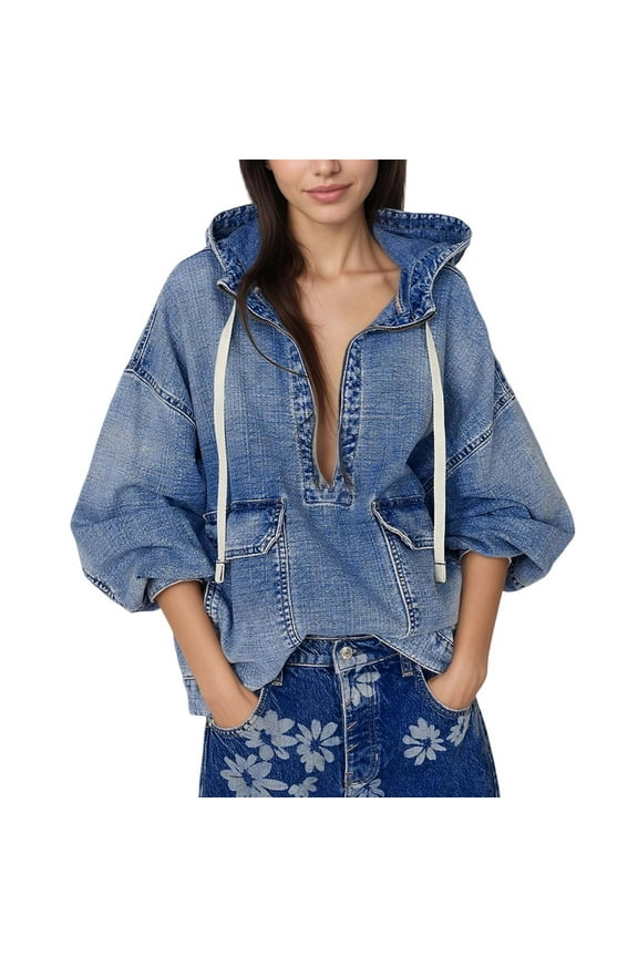 Womens Half Zip Denim Hoodie Trendy Oversized Pullover with Drawstring Hood Casual Jackets Jean Tops Blue M