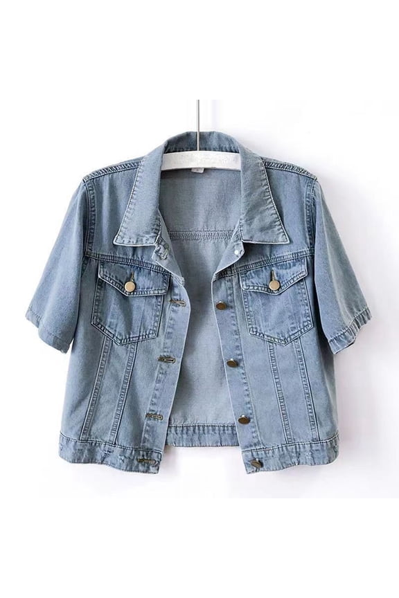 Womens Jean Jacket Short Sleeve Colored Cropped Denim Jacket Light Wash Short Trucker Coat Light Blue XXL