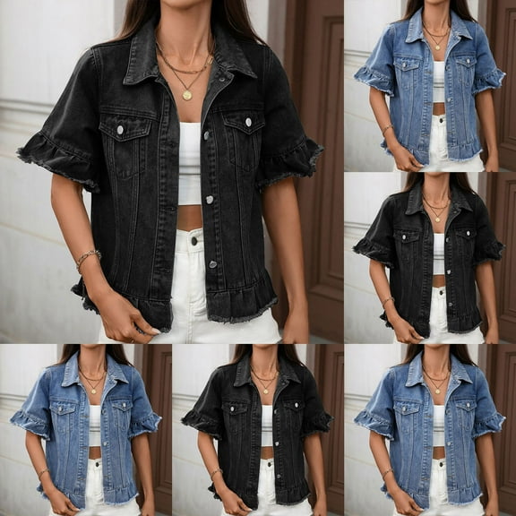 TrendOFT Womens Jean Jacket Trendy Casual Short Sleeve Denim Shirts Denim Jacket Black S
