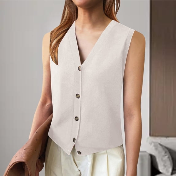 TrendOFT Womens Knit Vests Sleeveless V Neck Button Ribbed Casual Summer Layering Top Layering Vest Beige S