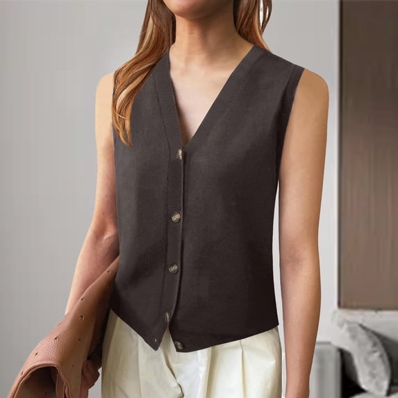 TrendOFT Womens Knit Vests Sleeveless V Neck Button Ribbed Casual Summer Layering Top Layering Vest Brown S