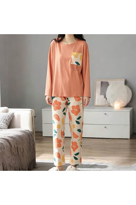 Womens Pajamas Sets 2 Piece Short Sleeve Lounge Set Printed Loose Pants Pj Sets Loungewear Set Orange XXL