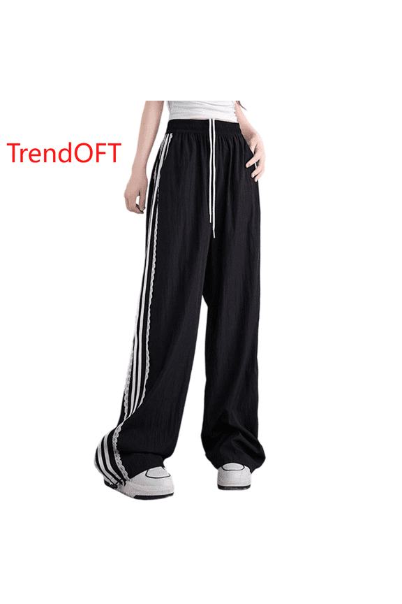 Womens Parachute Pants Wide Leg Baggy Sweatpants Y2K Elastic Waist Jogger Sweat Pants Side Striped Track Pants Streetwear Black S