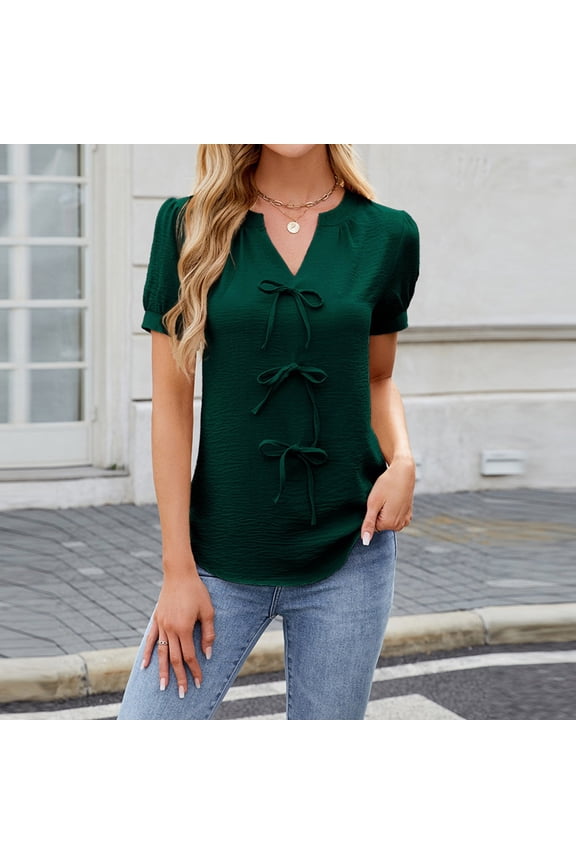 Womens Puff Ruffle Sleeve Tops Summer Trendy V Neck Shirts Elegant Casual Bow Front Blouses Dark Green S