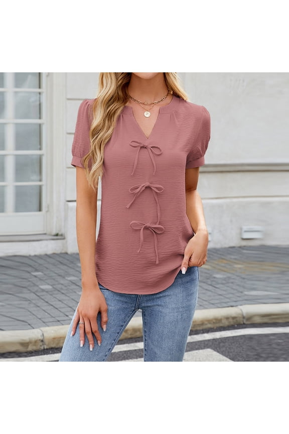 Womens Puff Ruffle Sleeve Tops Summer Trendy V Neck Shirts Elegant Casual Bow Front Blouses Pink XXL