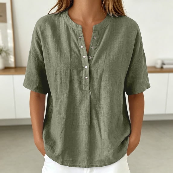 TrendOFT Womens Pullover Tops Solid Color Loose Fit Stand Collar Short Sleeve Casual Daily Soft Tops Army Green L