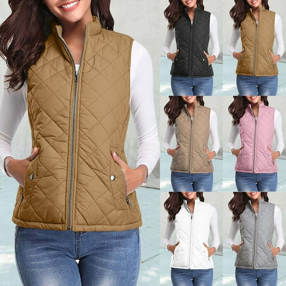 TrendOFT Womens Quilted Vest Stand Collar Lightweight Zip up Padded Gilet Winter Warm Sleeveless Jacket Coat Khaki XXL
