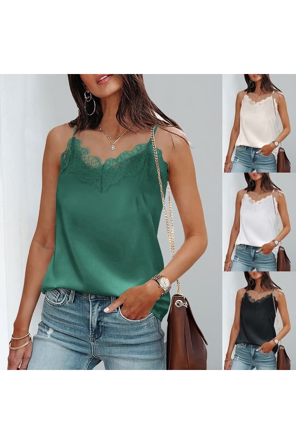 Womens Satin V Neck Lace Trim Cami Spaghetti Strap Camisole Sleeveless Tank Tops Black XL