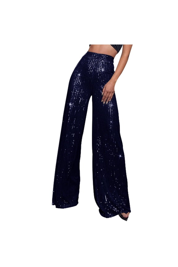 Womens Sparkle Sequin Pants Elastic Waist Wide Leg High Waisted Bling Glitter Dance Pants Party Club Trousers BU3 XXXXXL