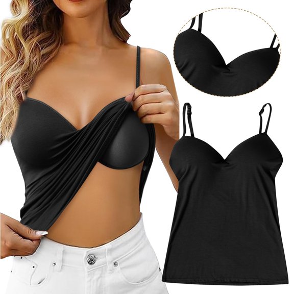 TrendOFT Womens Tank Tops With Built in Bra Adjustable Spaghetti Strap Wireless Cami Tank Undershirts Solid Basic Yoga Shirts Black XL