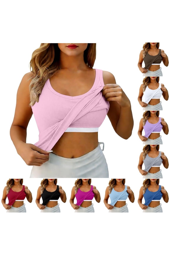 Womens Tank Tops with Built in Bras High Neck Fitted Crop Tops Spaghetti Strap Camisole Layering Basic Shirts Hot Pink L