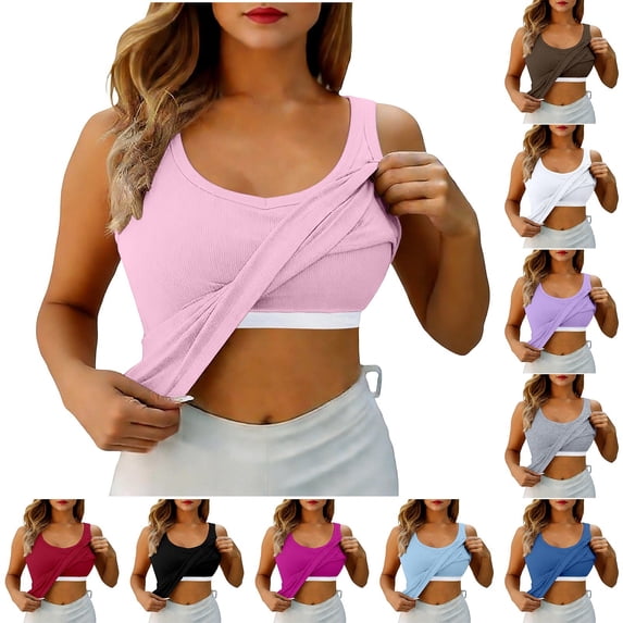TrendOFT Womens Tank Tops with Built in Bras High Neck Fitted Crop Tops Spaghetti Strap Camisole Layering Basic Shirts Hot Pink M