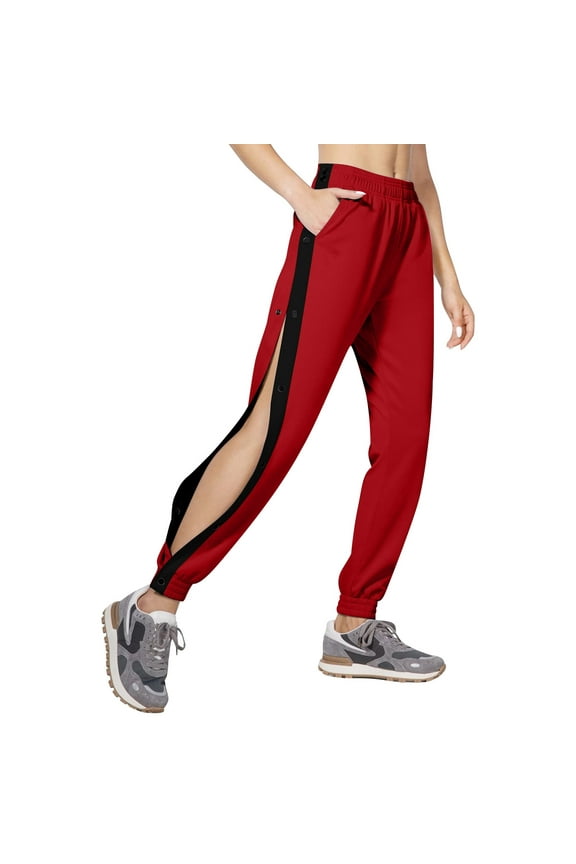 Womens Tear Away Pants Side Split Snap Button Basketball Active Workout Joggers with Pocket Loose Fit Sweatpants Red L