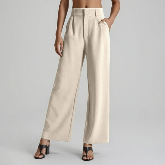 TrendOFT Womens Wide Leg Dress Pants Pull On Stretchy Work Pants Women High Waisted Business Casual Trousers with Pockets Beige L
