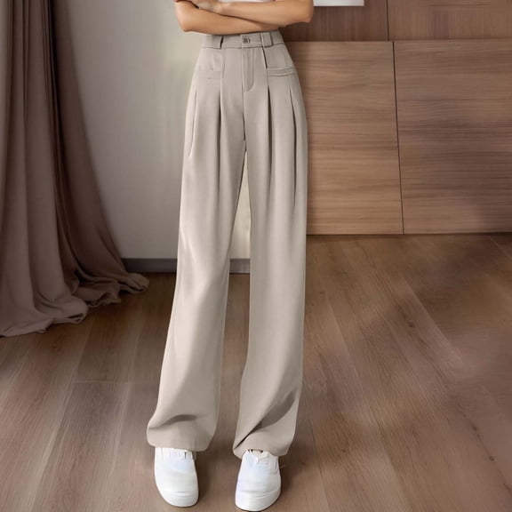 TrendOFT Womens Wide Leg Dress Pants Stretchy Work Pants with Pockets Pleated Front Business Casual Slacks Khaki S