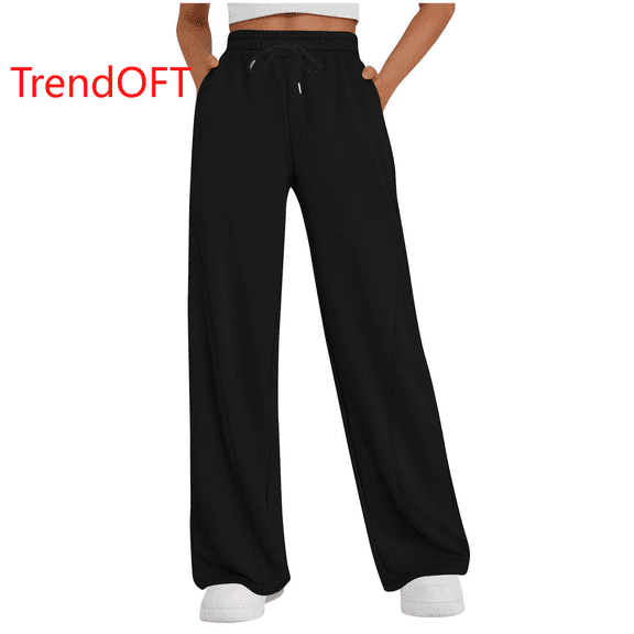 TrendOFT Womens Wide Leg Pants High Waist Baggy Straight Leg Sweatpants Elastic Waistband Drawstring Pocket Fall Winter Sweat Lounge Pants Black M