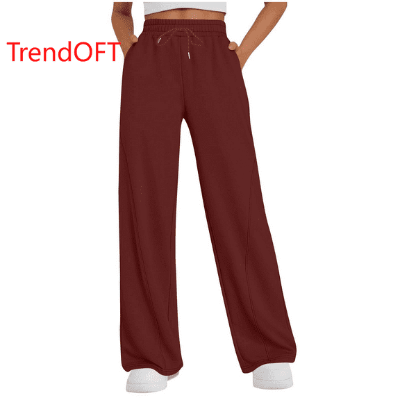 TrendOFT Womens Wide Leg Pants High Waist Baggy Straight Leg Sweatpants Elastic Waistband Drawstring Pocket Fall Winter Sweat Lounge Pants RD1 S