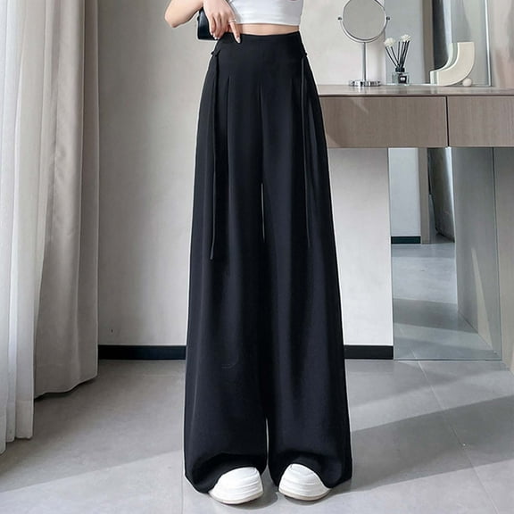 TrendOFT Womens Wide Leg Pants High Waist Straight Work Pants Office Business Casual Palazzo Trousers with Pockets Black XS