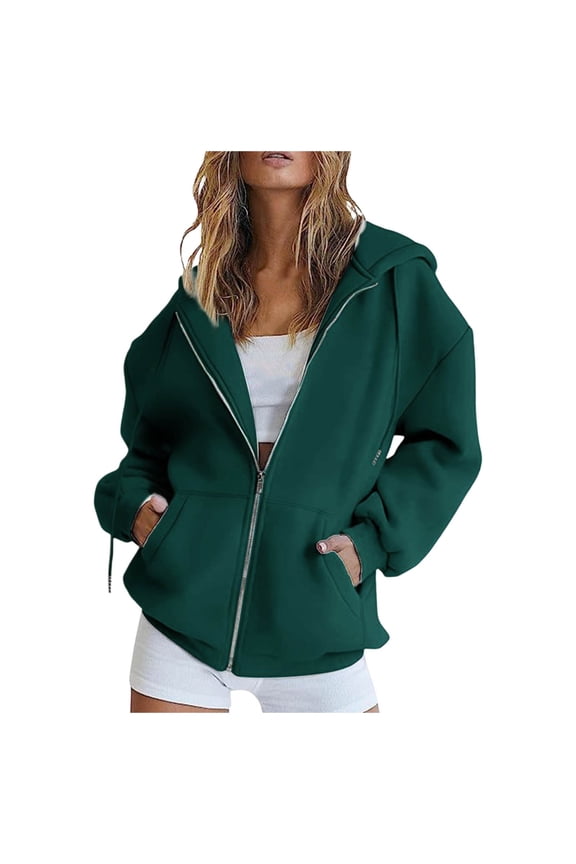 Womens Zip Up Hoodie Oversized Solid Sweatshirt Y2K Casual Fall Fashion Jackets with Pockets Green S
