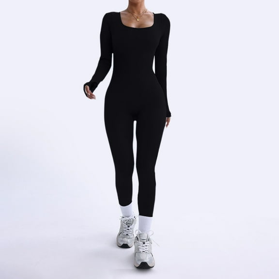TrendOFT Workout Jumpsuits for Women Long Sleeve Yoga Bodycon Bodysuits Pants Quick Dry One Piece Leggings Rompers Black S
