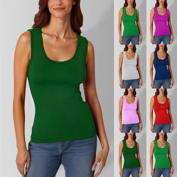 TrendOFT Workout Tank Tops for Women Undershirt Ribbed Sleeveless Scoop Neck Casual Layering Summer Basic Tanks Top Dark Green L
