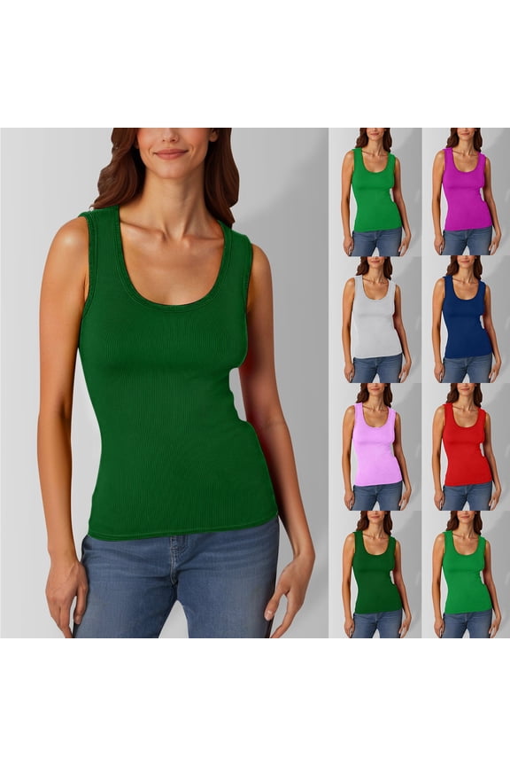 Workout Tank Tops for Women Undershirt Ribbed Sleeveless Scoop Neck Casual Layering Summer Basic Tanks Top Dark Green L