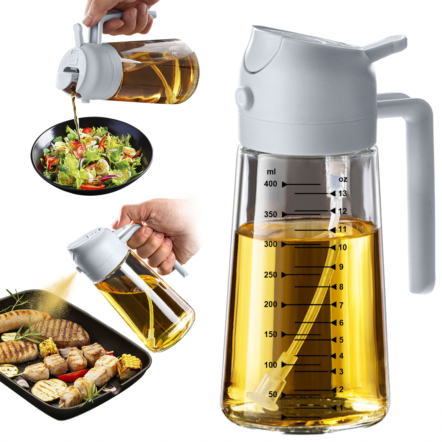 TrendPlain 16oz/470ml Glass Olive Oil Sprayer for Cooking - 2 in 1 Olive Oil Dispenser for Kitchen Gadgets, Air Fryer, Salad, and BBQ - Ash