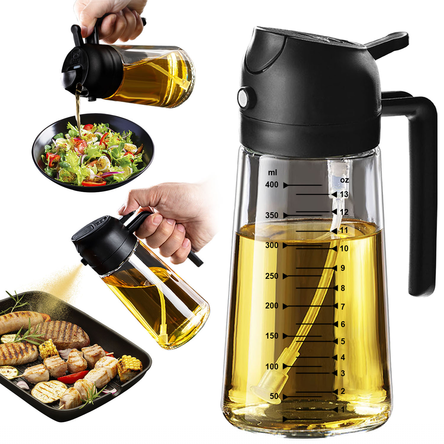 TrendPlain 16oz/470ml Glass Olive Oil Sprayer for Cooking - 2 in 1 Olive Oil Dispenser for Kitchen Gadgets, Air Fryer, Salad, and BBQ - Black