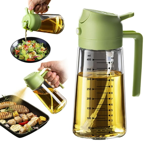 TrendPlain 16oz/470ml Glass Olive Oil Sprayer for Cooking - 2 in 1 Olive Oil Dispenser for Kitchen Gadgets, Air Fryer, Salad, and BBQ - Green