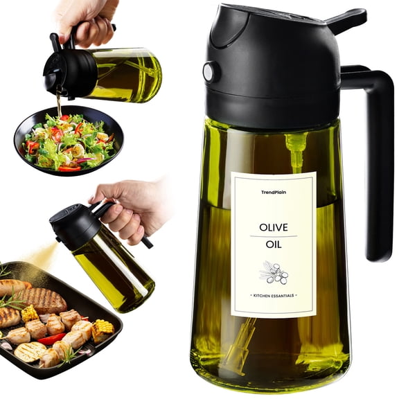 TrendPlain 16oz Olive Oil Sprayer for Cooking, 2 in 1 Olive Oil Spray Bottle and Oil Dispenser with Stickers for Kitchen, Salad, BBQ & Air Fryer, Black