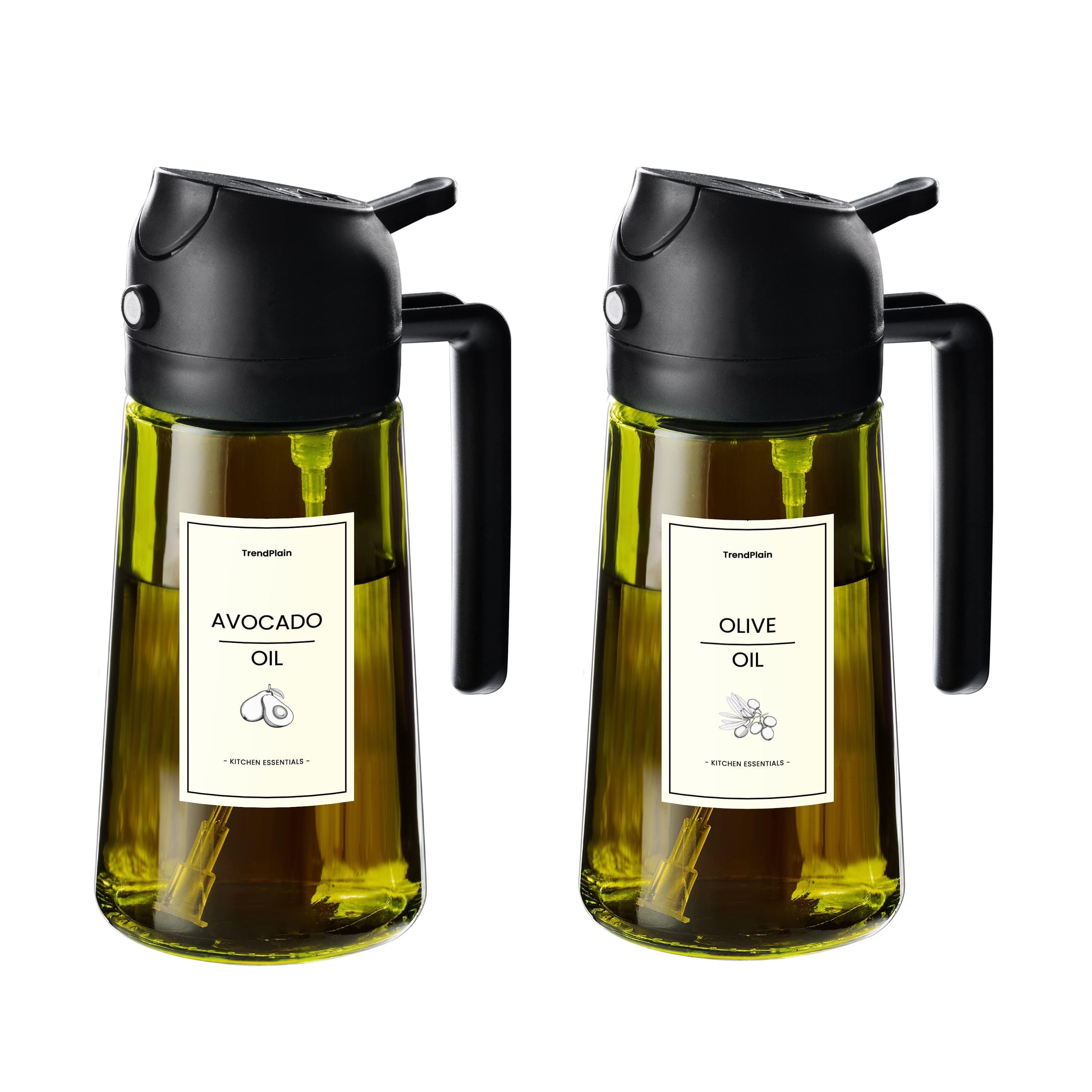 TrendPlain - Original 16oz Glass Olive Oil Dispenser Bottle for Kitchen Gadgets - Olive Oil Sprayer for Cooking w/Stickers - 2 Black