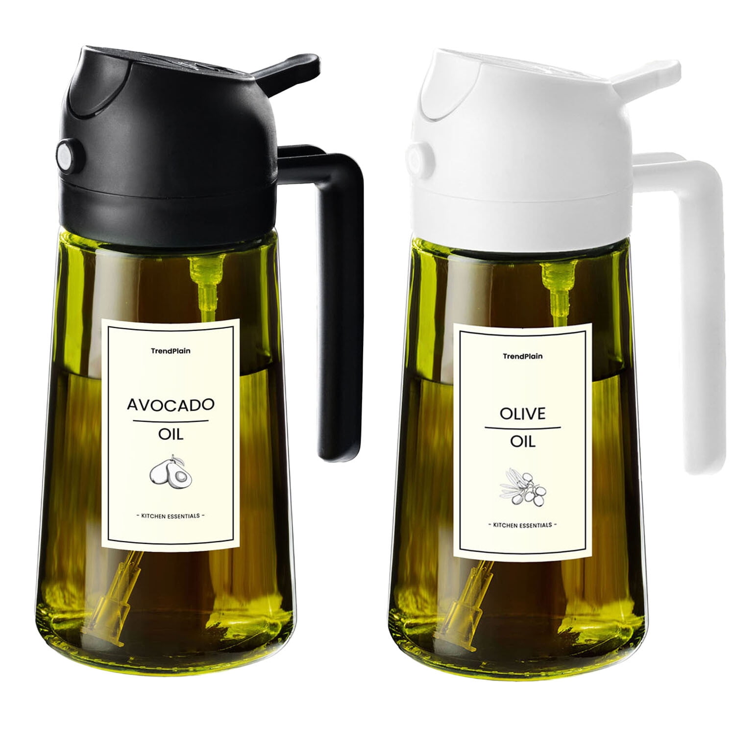 TrendPlain - Original 16oz Glass Olive Oil Dispenser Bottle for Kitchen Gadgets - Olive Oil Sprayer for Cooking w/Stickers - Black&White
