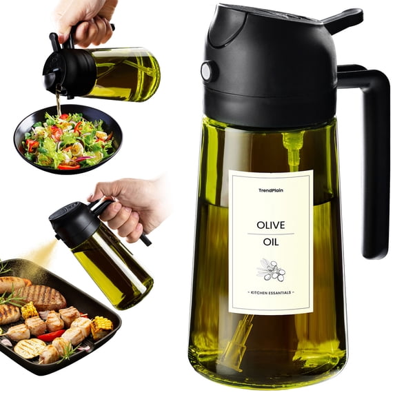 TrendPlain - Original 16oz Glass Olive Oil Dispenser Bottle for Kitchen Gadgets - Olive Oil Sprayer for Cooking with Stickers - Black
