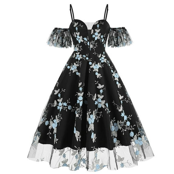 TrendVibe365 1950s Dresses for Women 50s Retro Vintage Floral Spaghetti Strap Slip Dress Short Sleeve Summer Dresses Off Shoulder Sundresses Big Swing Flare Sexy Dresses Tea Knee Length Dresses