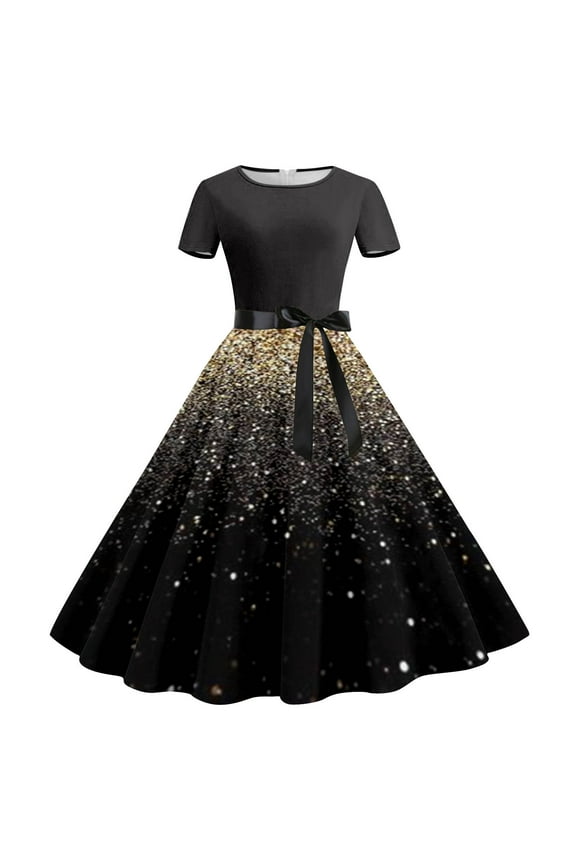1950s Dresses for Women Vintage Sequin Glitter Print Crewneck Xmas Dress Short Sleeve Holiday Dress Xmas Graphic Party Dresses Flare Cocktail Tea Length Festive Attire Gift Spring Dress