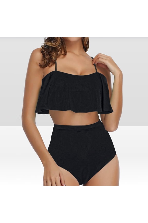 TrendVibe365 2 Piece Bathing Suits for Women Bikini Flounce Falbala Ruffle Flowy Adjustable Spaghetti Strap Bandeau High Waist Swimming Suits Modest Swimsuits Solid Loose Fit Fashion Beach Swimwears