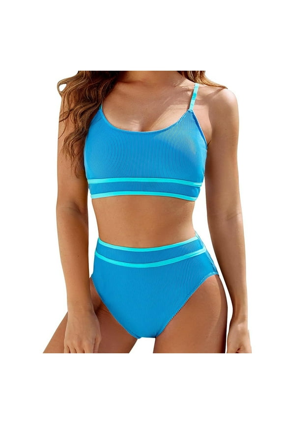 2 Piece Bathing Suits for Women Bikini Full Coverage Spaghetti Strap Scoop Neck Bikini Top High Waist Bikini Bottoms Modest Swimsuits Solid Push up Slimming Teens Trendy Swimwears