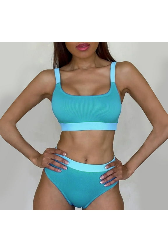 2 Piece Bikini Swimsuit for Women High Waist Tummy Control Scoop Neck Bathing Suit Color Block Slimming Bandage Beachwear Modest Bandeau Brief Thong Boho Flattering