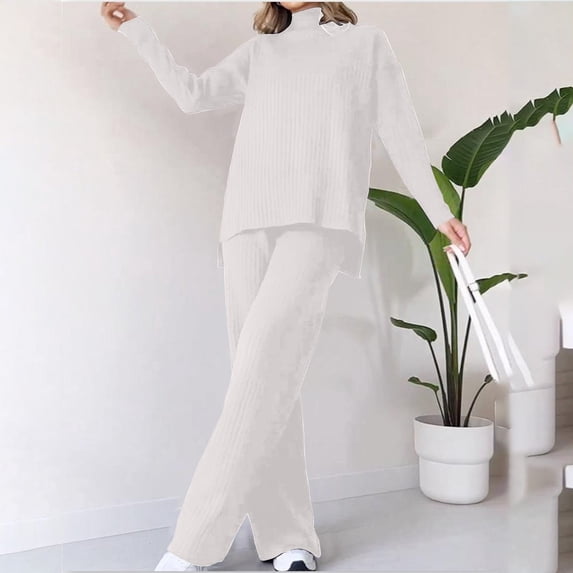TrendVibe365 2 Piece Lounge Set Women with Hood Sweater Winter High Collar Loose Casual Two Piece Solid Color Knitted Set Long Sleeve Round Neck Top Set Beige S