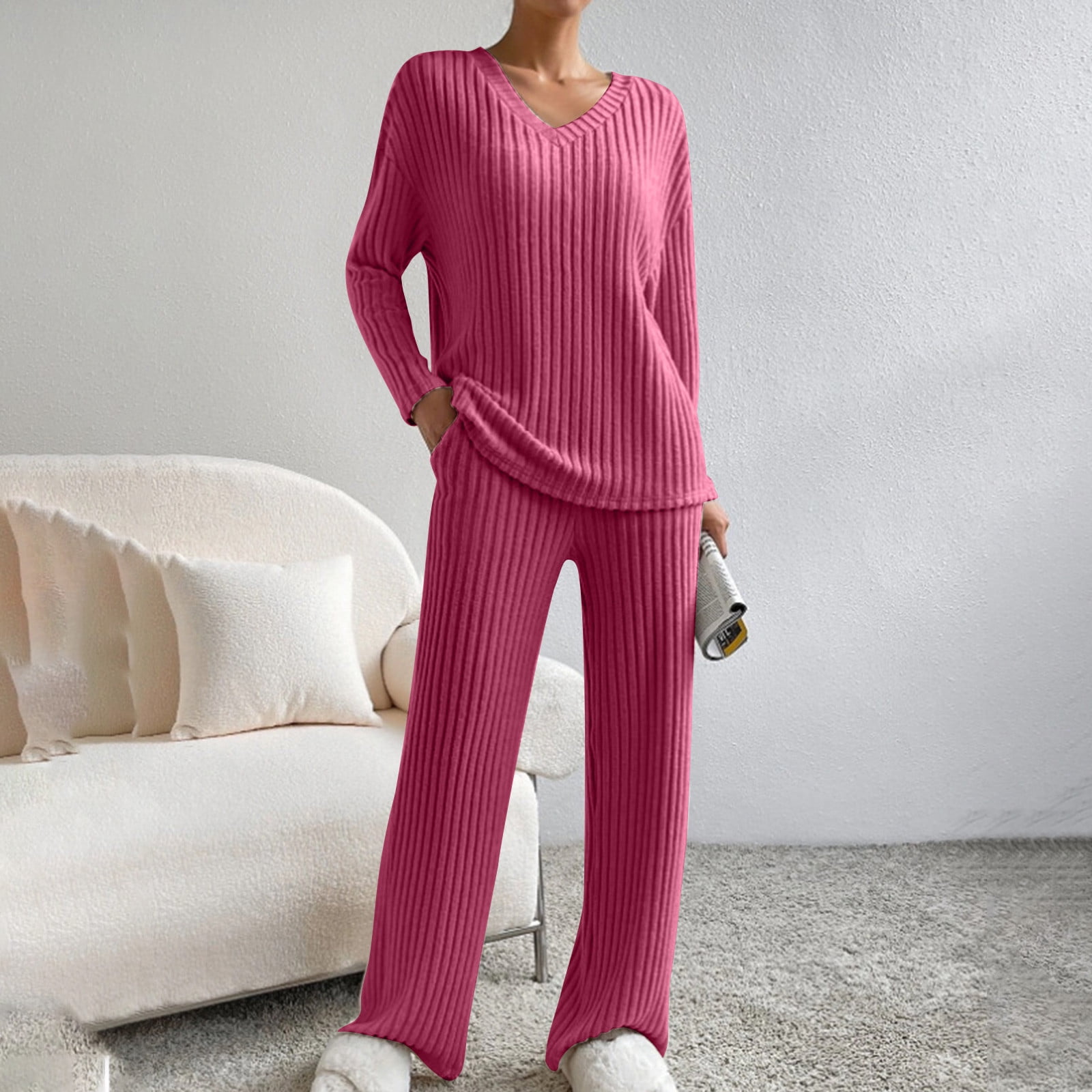 Women’s Ribbed Two-Piece Loungewear Set – V-Neck Top & Straight-Leg Pants main image 0
