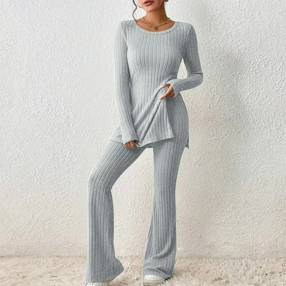 successthop 2 Piece Lounge Set Women Solid Color Ribbed Knit Crewneck Long Sleeve Shirts and Wide Leg Long Pants Casual Travel Pajamas Lounge Set Loungewear Summer Outfits