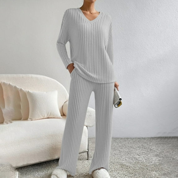 TrendVibe365 2 Piece Lounge Set Women with Hood Sweater Casual Straight Leg Pants With Loose V Neck Knitted Sleeve Gray L